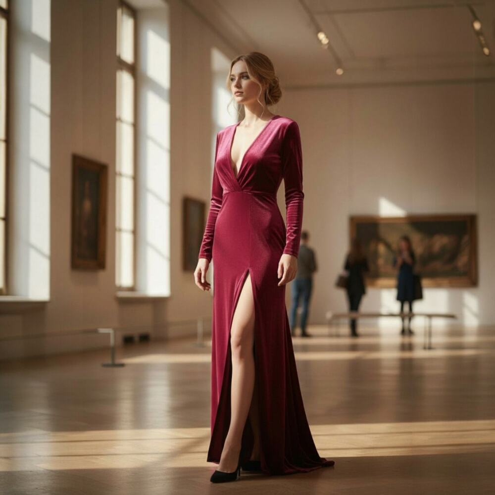 Nic & Jo Velvet Formal Dress Size Small Maxi Dark Pink Plunge Neckline